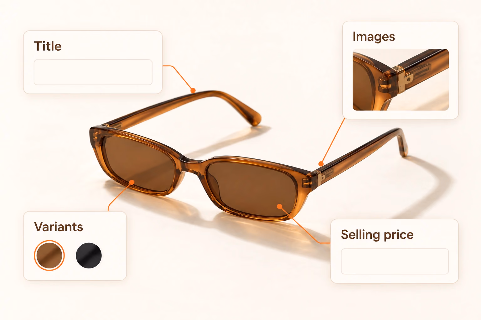 Reviewing a sunglasses listing title, images, variants and selling price.
